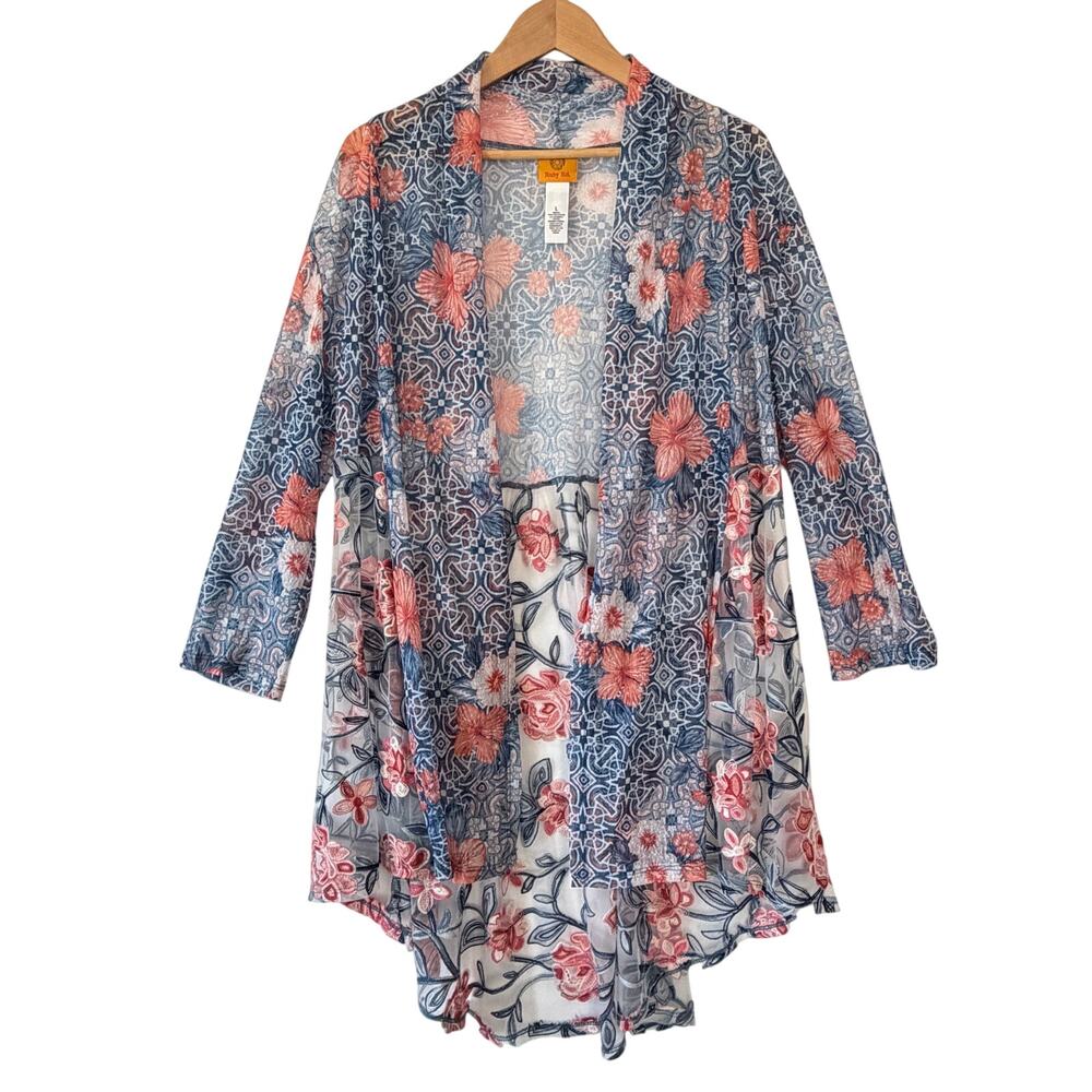 Ruby Rd. Blue and Coral Floral Open-front Tunic